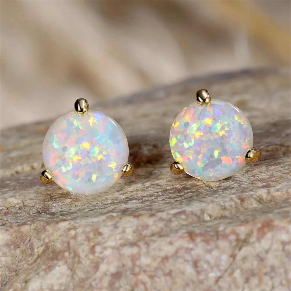 أقراط خلفية لولبية من الحجر المستدير للنساء ، مرصعة بعقيق أبيض ناري ، لون ذهبي عصري ، مجوهرات زفاف ، هدية بسيطة ، 6 * ، 7 * ، 8 * #3