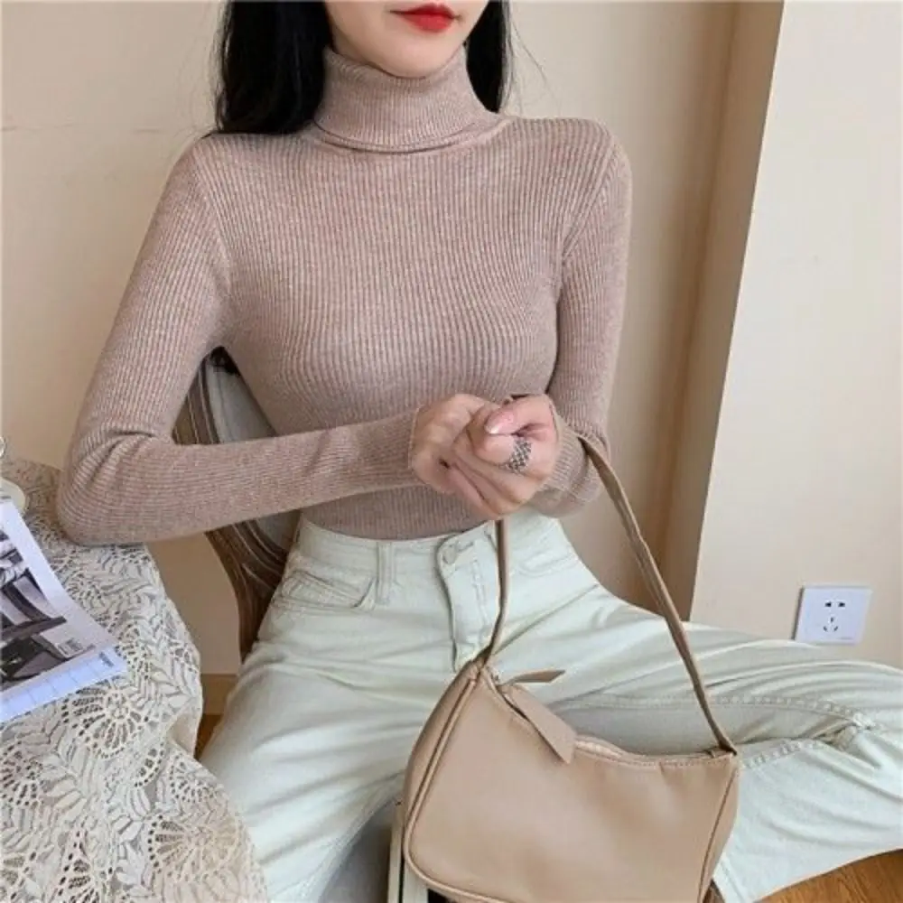 Langarm Falt Roll kragen pullover elastisch schlank Basic Strick pullover All-Match Solid Tops klassische Damen strickwaren