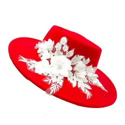 9.5cm brim embroidered three-dimensional flower Fedora women's jazz top hat Spring and Autumn Panama French elegant fedora hat