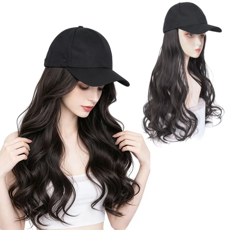 24inch European and American Style Women's Baseball Cap with Integrated Wig, Natural Big Wave High-Temperature Fiber Hat Wig, Suitable for Daily Use, Dating, Parties, Photography, Makeup, and Other Occasions The Best Choice as a Gift