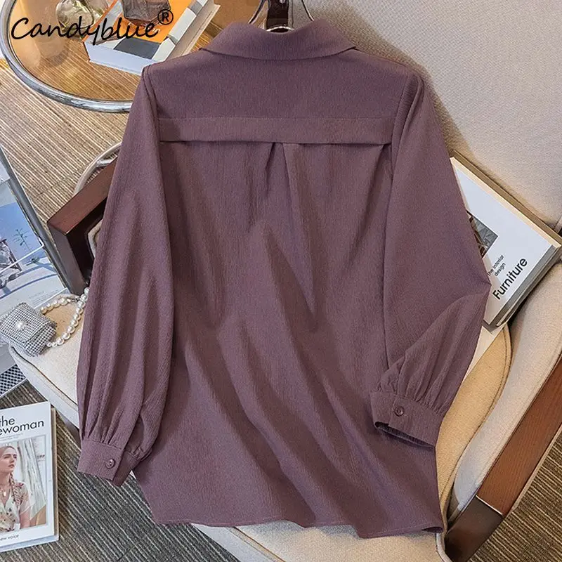 Viola francese elegante Chic monopetto camicetta da donna camicia colletto rovesciato manica lunga camicette larghe femminili top autunno