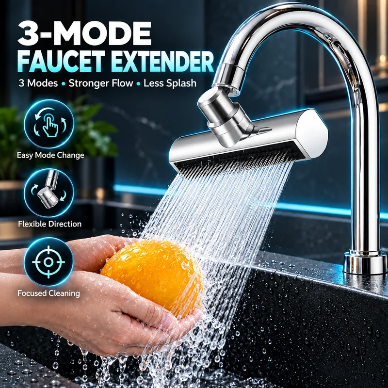 3-Mode Kitchen Faucet Extender Universal 360° Rotatable Waterfall Tap Head Anti-Splash Water Saving Sink Aerator