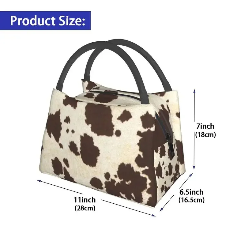 brown and white cowhide lunch bag for women\'s cooler insulated lunch box, used for camping, camping