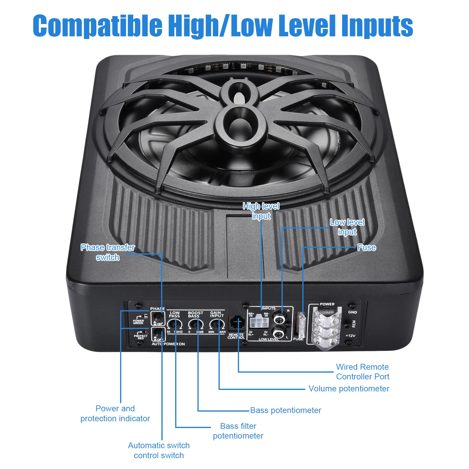 10 Zoll Aktiver Untersitz-Subwoofer mit Blauer LED-Beleuchtung, Kompakter Auto-Subwoofer für LKW, SUV, Fahrzeuge mit Begrenztem Platz, Kraftvoller Bass – Detail 3