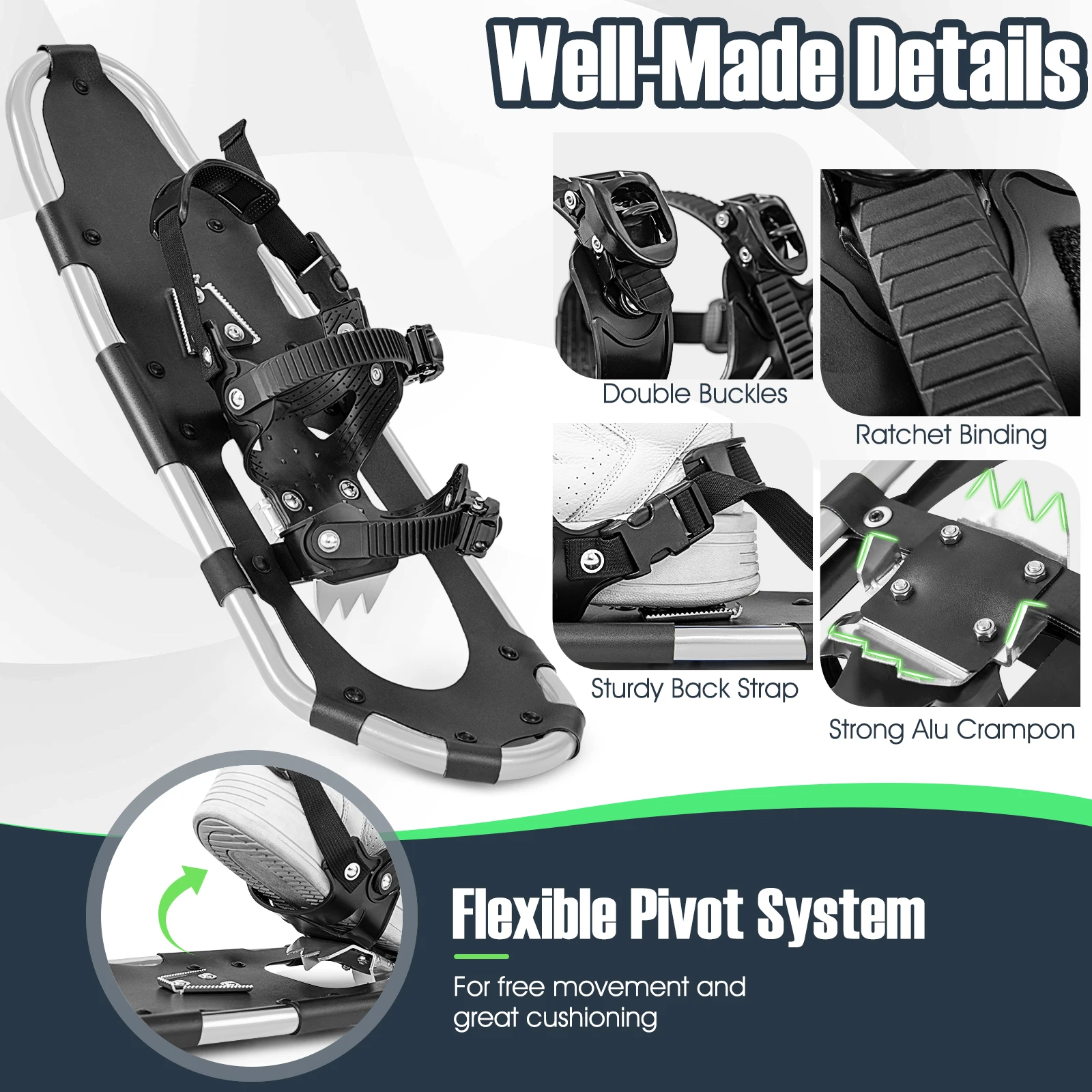 Obrázek 5: Versatile terén snowshoes sada, 53 cm sněžit obuv w/double-ratchet vázací systém, aluminium formulovat, treking poláci