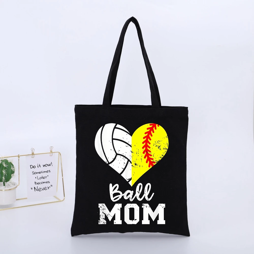 Mom's Volleyball and Softball Heart Graphic Canvas Tote Bag, Casual Style for Sports Events and Daily Use