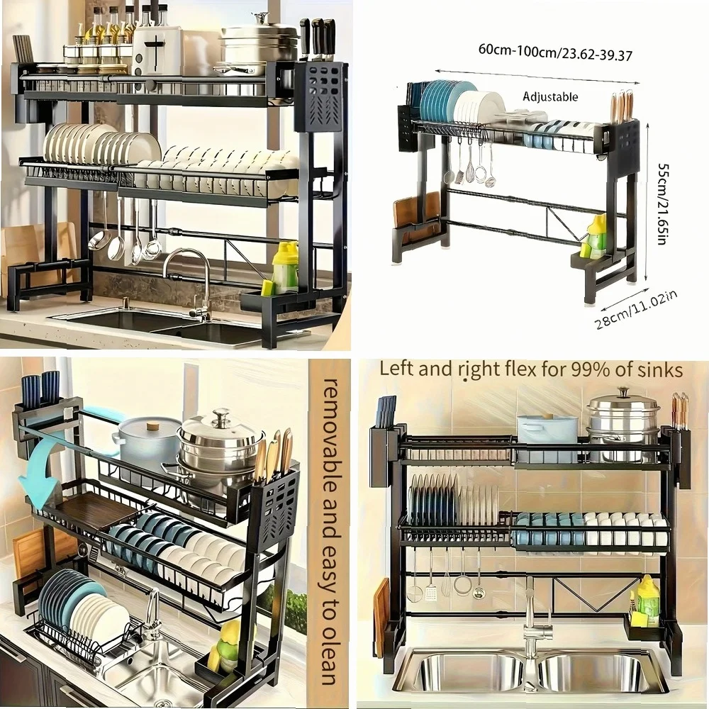 

2-Tier Expandable Dish Rack with Sink, Lid & Cutlery Holder - Adjustable Black Metal Kitchen Organizer