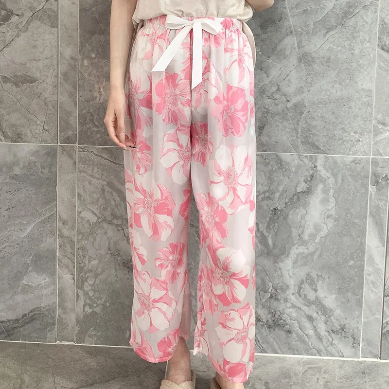 Silk Women Pajama Pant Summer Spring Long Pant Ladies Home Pant Thin Floral Print Satin Loose Sleepwear For Female 2024