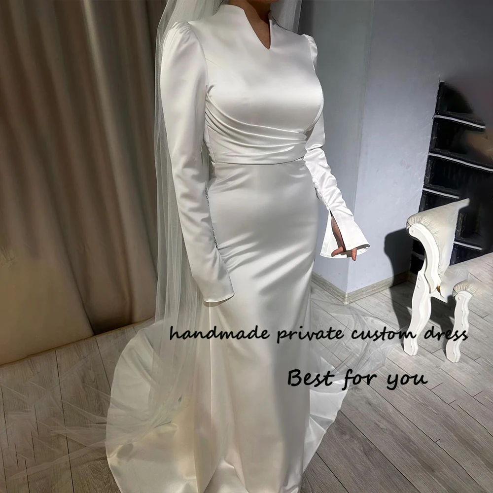 

White Satin Mermaid Wedding Dresses for Bride Long Sleeve High Neck Arabic Muslim Bride Dress with Train Elegant Wedding Gown