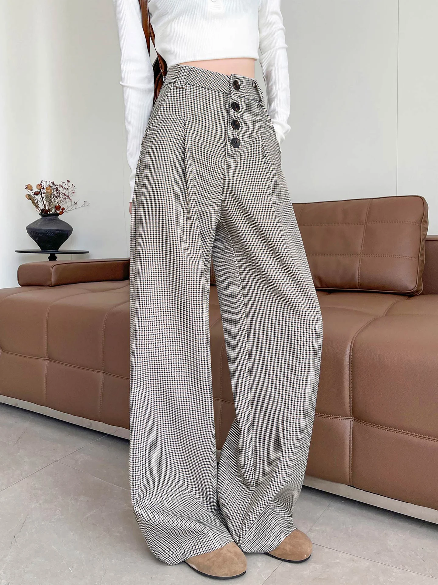 High Waist Extended Plaid Wide Leg Pants Women's Autumn Winter 2026 New Checkered Button Casual Suit Pants Ladies' Comfortabl...