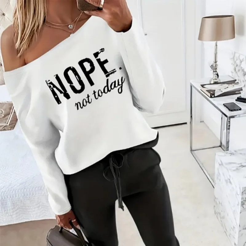 2 pieces women sets 2026 New one-shoulder collar letter printedt long-sleeved shirt+pocket casual pant sets women's clothing