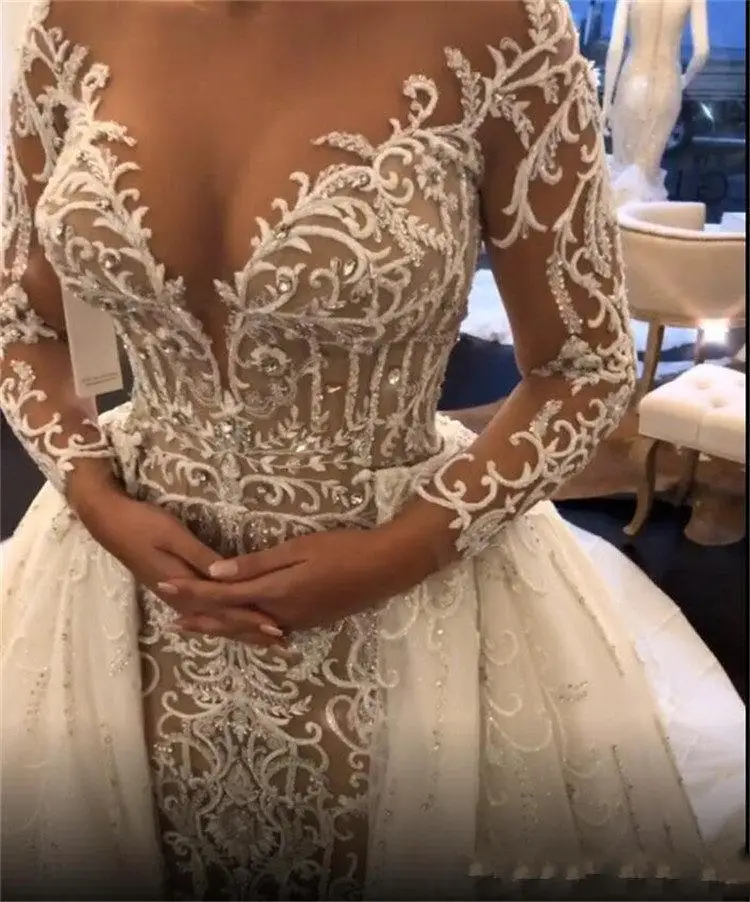 Customized Modern Scoop Embroidery Beaded Mermaid Wedding Dresses With Detachable Train Long Sleeves Robe De Mariée Bridal Gown