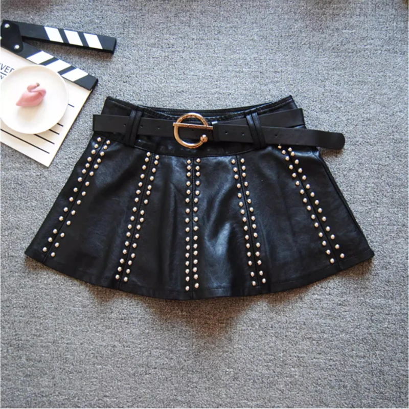 

new autumn winter brand female women girls high street rivet PU leather skirt