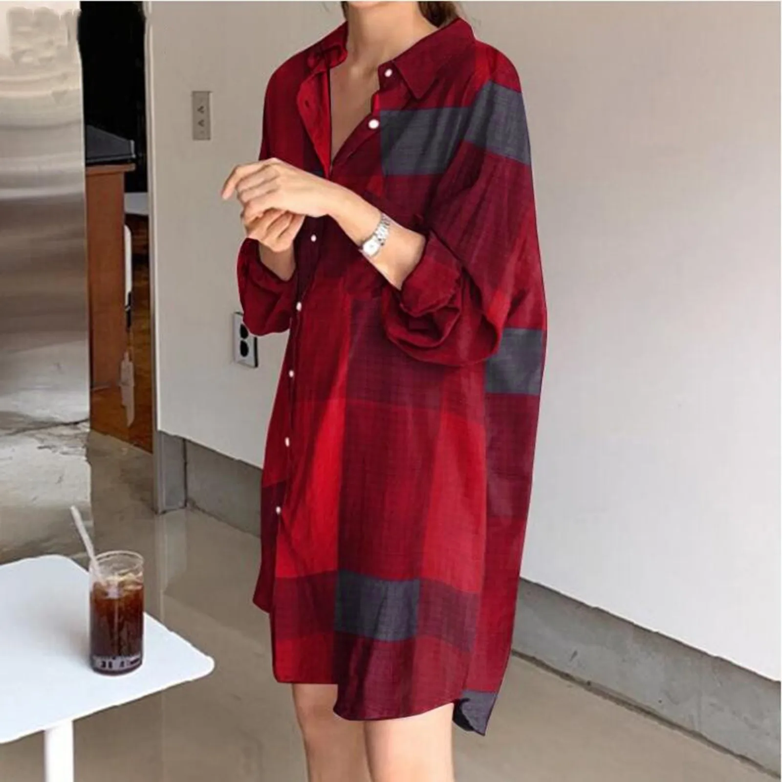 Women\'S Fashion Casual Plaid Print Lapel Single-Breasted Panel Straight Long Sleeve Loose Shirt Dress Vestidos En Oferta Liquida