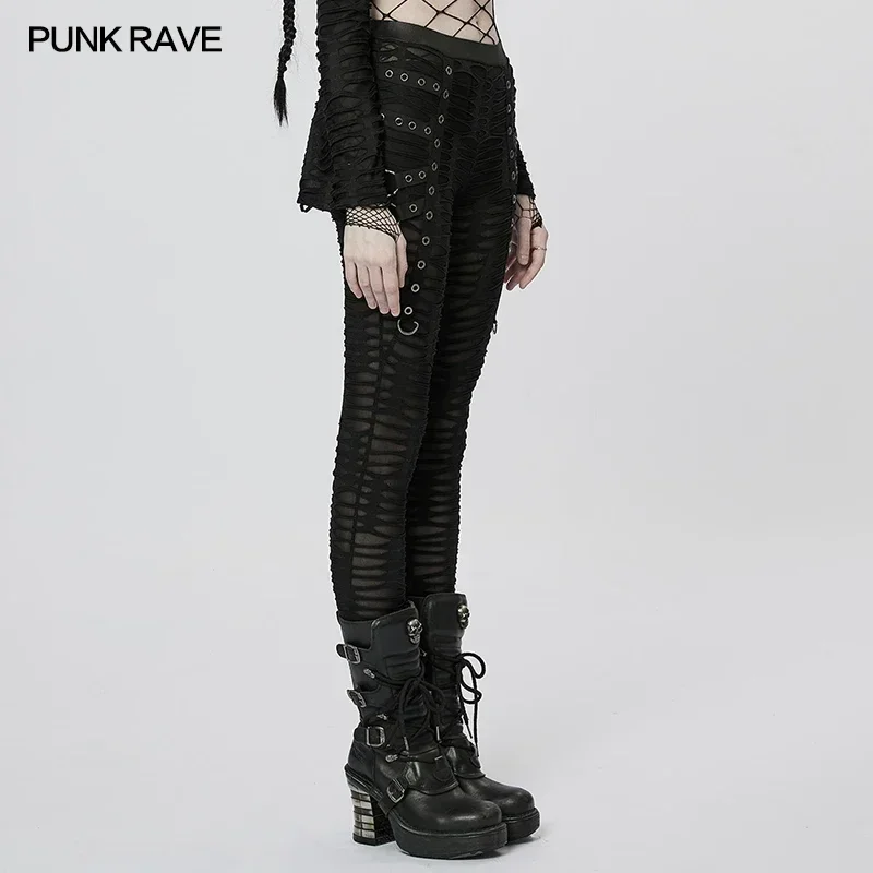 PUNK RAVE Women\'s Gothic Decayed Slim-fit Leggings Punk Meta Eyelets Webbing Personality Thin Black Pants Spring/summer