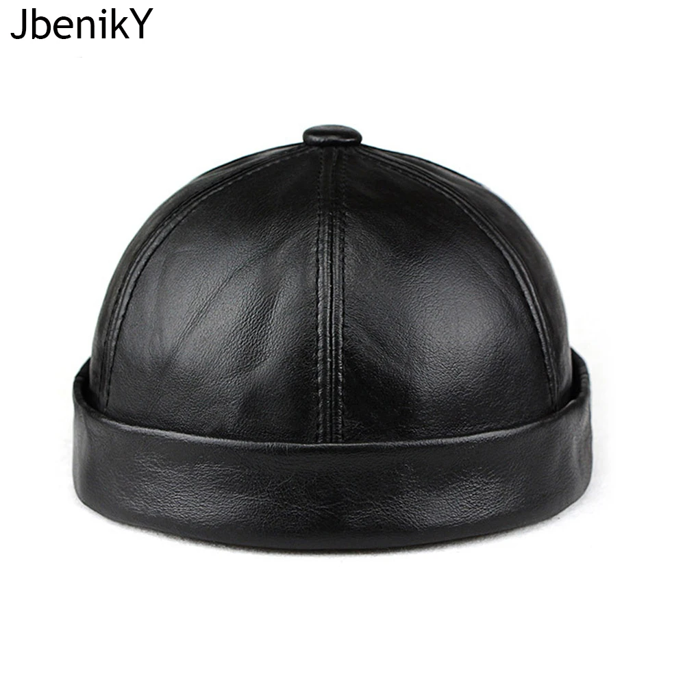 2025 Men Real Cowhide Leather Hats Fashion Landlord Hat Men Street Trendy Hip-hop Hat Caps Brimless Melon Cap Beanies For Men