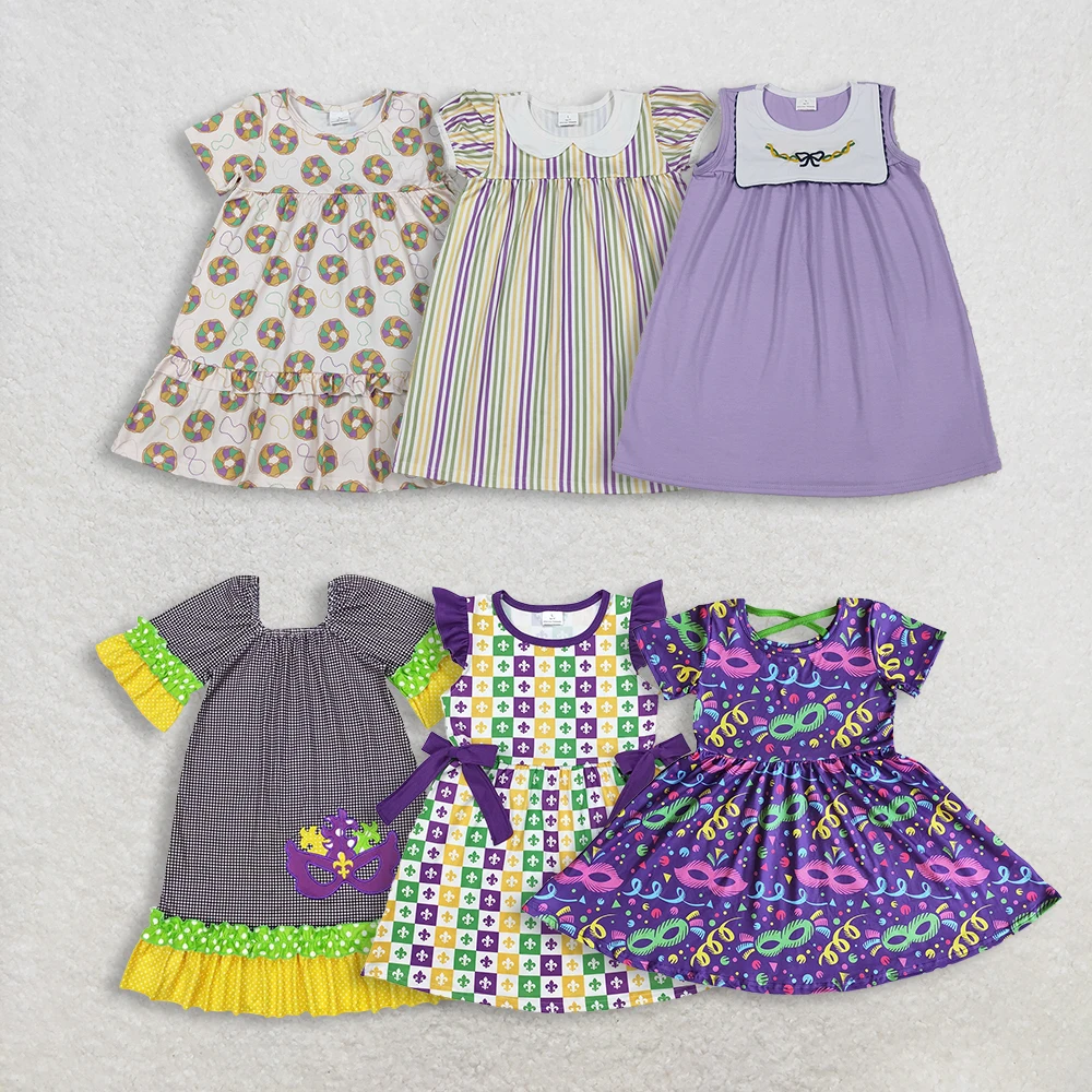 

Sibling Baby Girls Knee-Length Dress Mardi Gras Stripes Collar Sleeveless Purple Green Bows Print Girl's Fashionable Dress