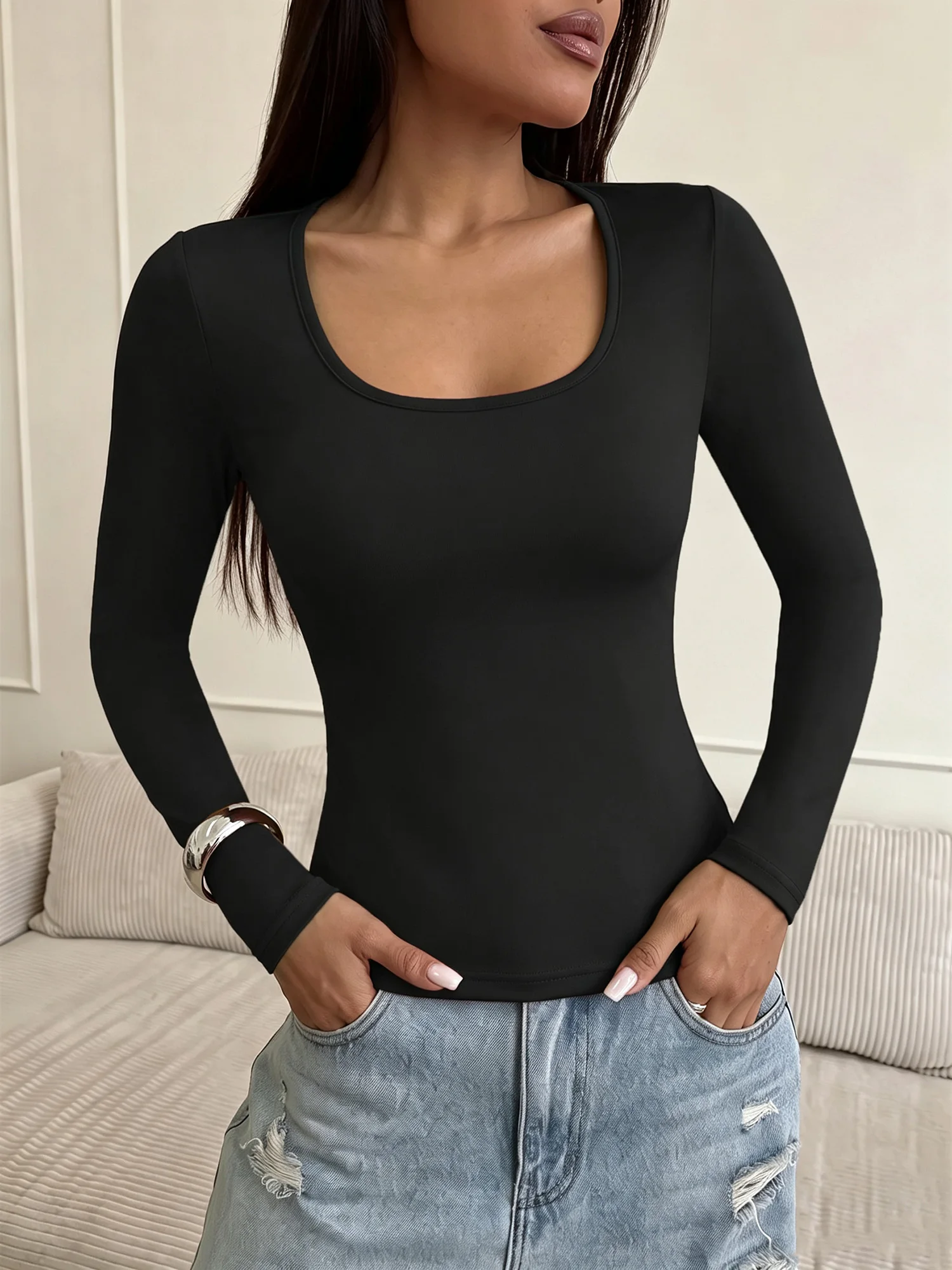 Blouse à manches longues et col en U pour femmes, style esthétique Y2K, haut en maille côtelée ajusté, décontracté, pour sorties, streetwear, t-shirts basiques pour femmes.