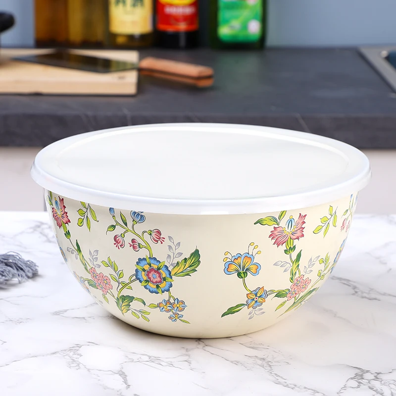 

Thiened Korean Sle Enamel Soup Bowl with Plastic Preservation Lid Mixing Bowl Deepened Bowl Home Dining Utensils