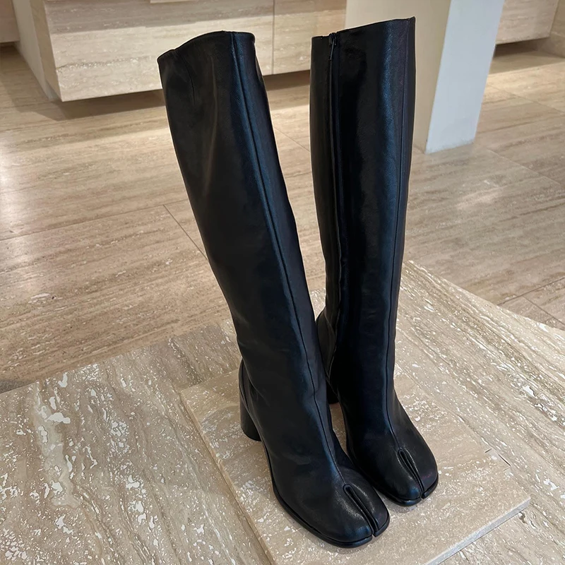 

IPPEUM Knee High Leather Split Toe Boots Brown Plus Size 44 Chunky Heel Black New in Women's Boots