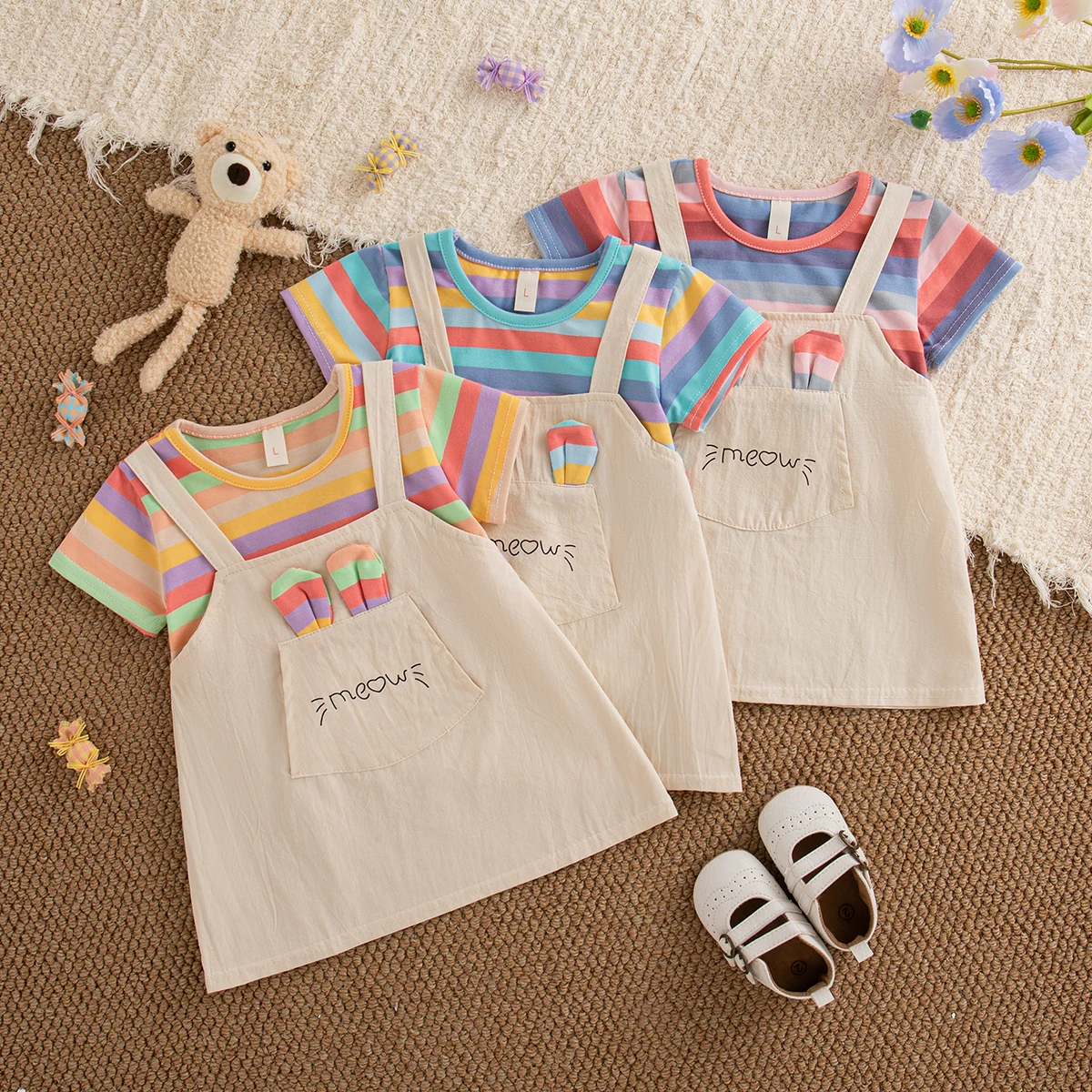 

Baby Girl Dress Summer Striped Cartoon Rabbit Ears Pattern Fake Two Piece Baby Dresses Cute Casual Girl Kid's Dress