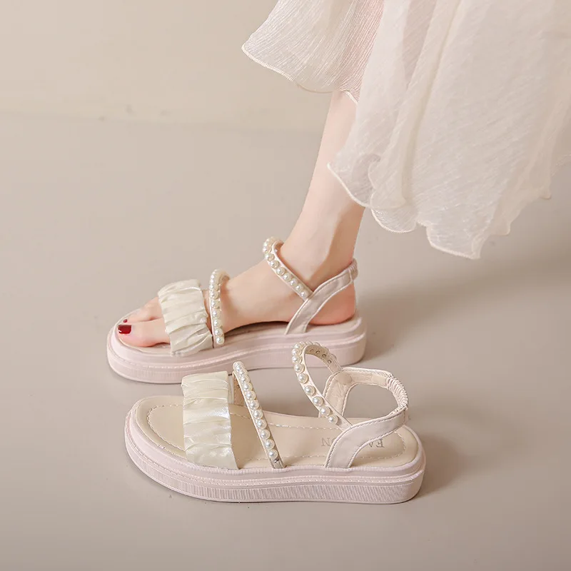 Round Toe Summer Women\'s Sandals Hollow Beach Ladies Shoes String Bead Sandals Platform Shoes for Women Pearl College Sandals