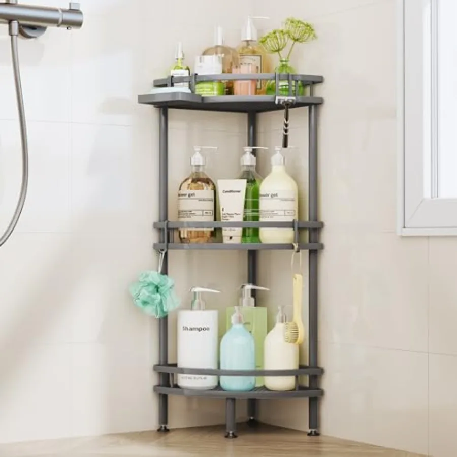 

Standing Corner Shower Caddy - 3 Tier Shower Organizer Corner with Soap Holder and 4 Hooks, Rustproof Bathroom Storage Shelves