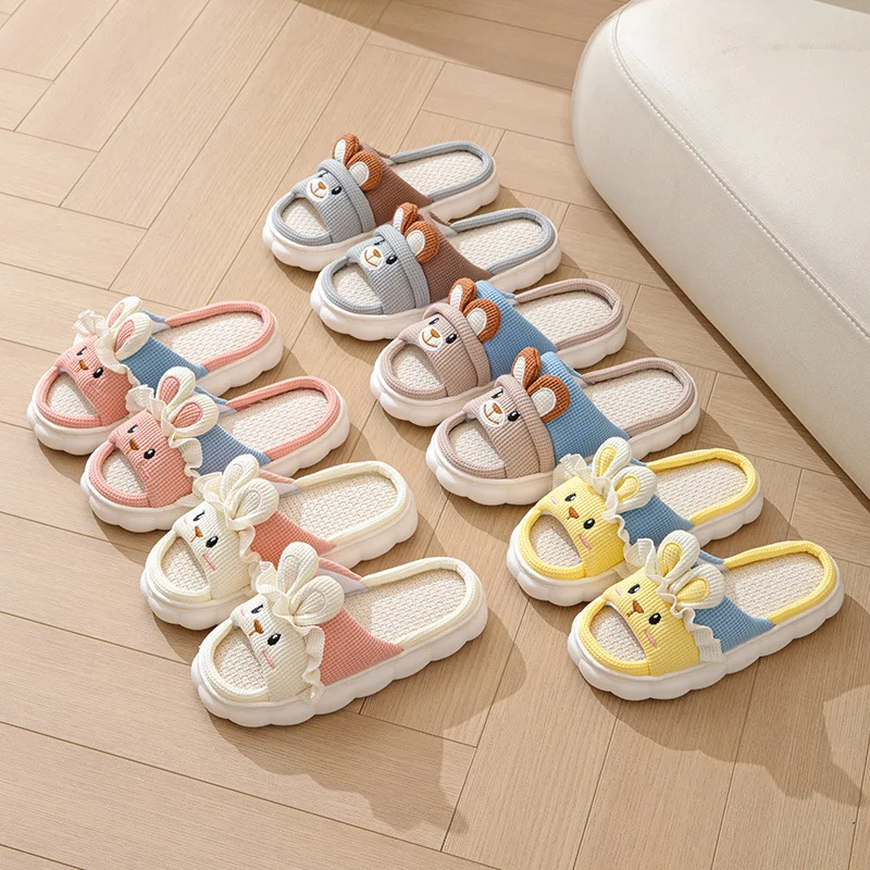 Cute Rabbit Plush Slippers Women Men Four Seasons Cotton Linen Slippers Winter Platform House Slippers Non-Slip Floor Mute Shoes