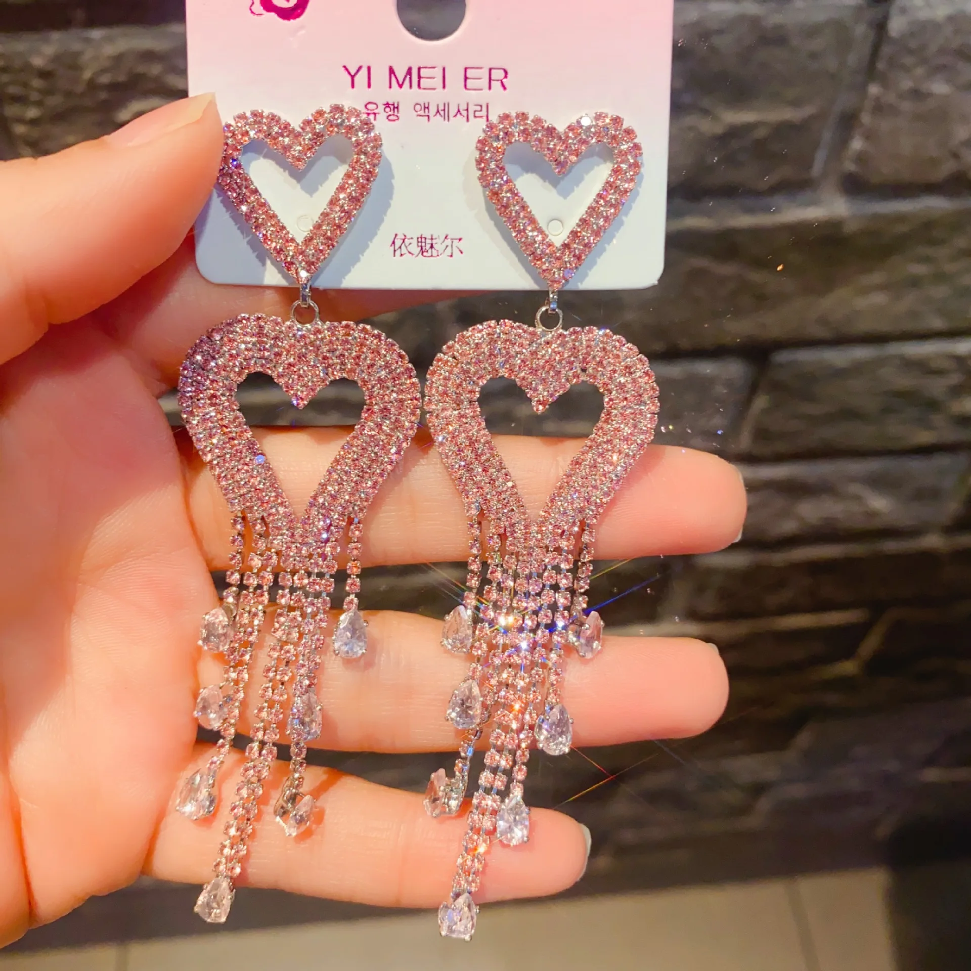 New Shiny Crystal Big Heart Earrings for Women Bijoux Long Tassel Full Rhinestone Drop Dangle Earrings Statement Jewelry Gifts
