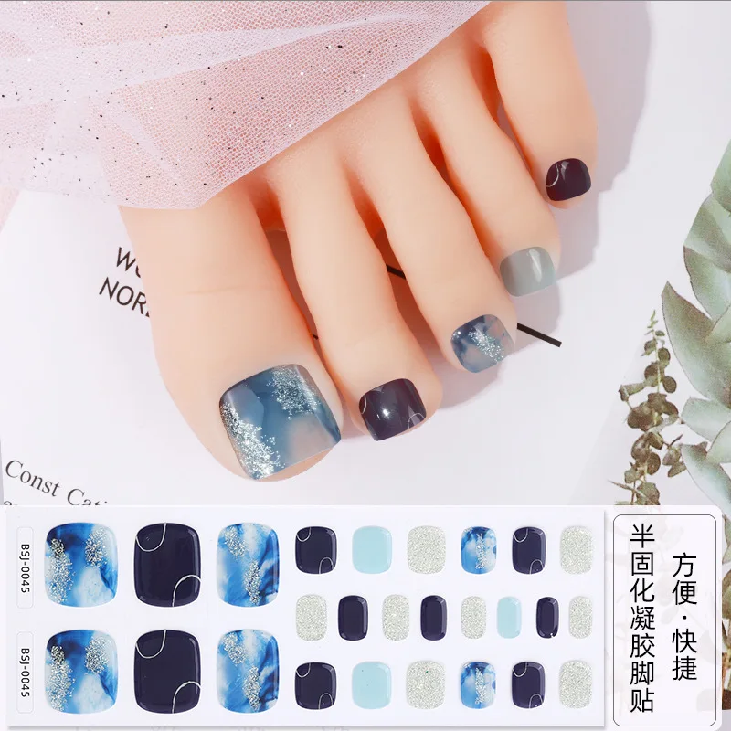 26 Strips Toe Gel Nail Sticker 3D Phototherapy Waterproof Korean Semi Cured Foot Gel Nail Art Wraps Get Hard After the UV Light