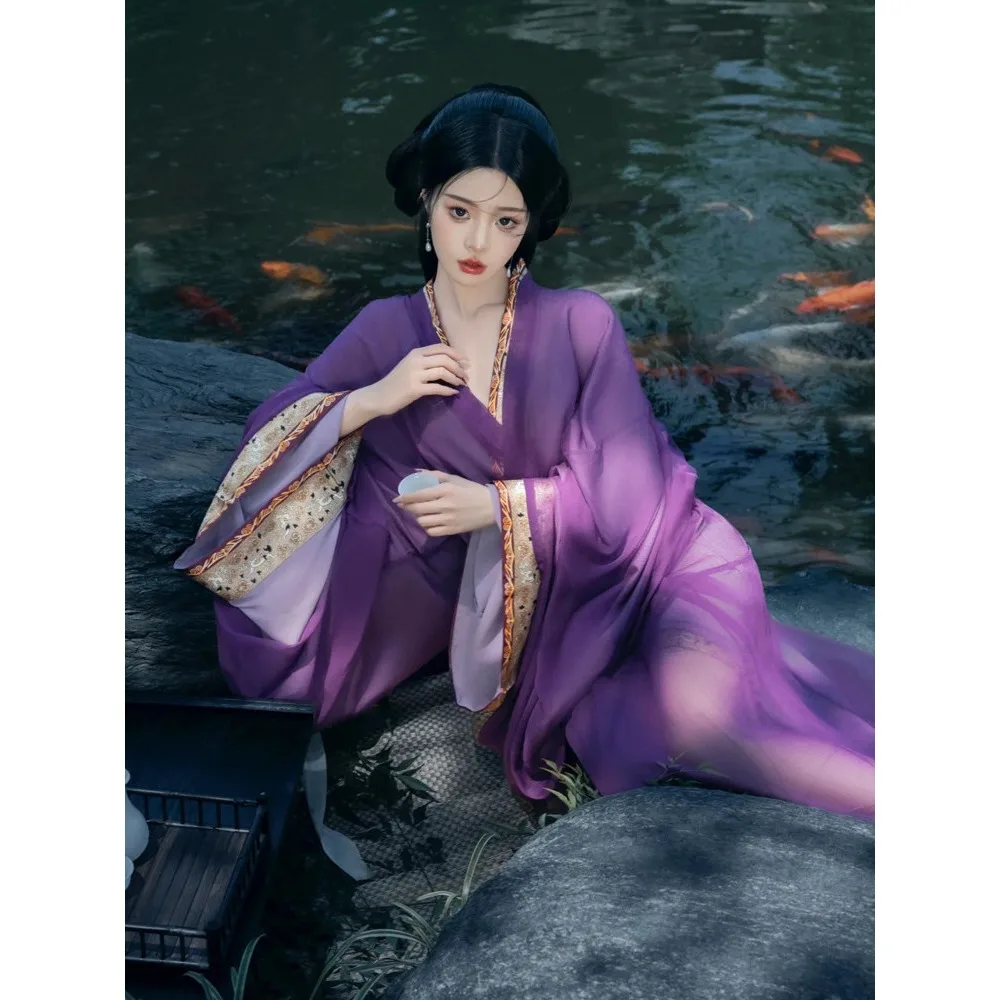 

Новое фиолетовое ханьфу в стиле эпохи Воюющих царств: прямая юбка с перекрестным воротником, сказочный древний наряд
