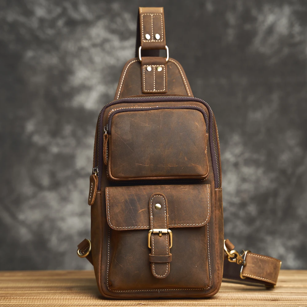 Genuine Leather Men's Leather Chest Bag Vintage Sling Bag For Men,Crossbody Shoulder Bag Casual Small Backpack