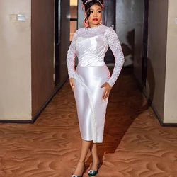 Civil White Wedding Dresses for Bride 2025 O Neck Long Sleeve Tea Length Pearls Africa Bridal Gowns Robes de mariee Customized