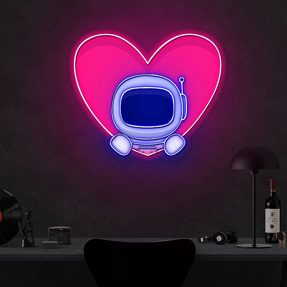 Cute Astronaut Popup From Heart Neon Sign Custom Neon Sign Game Room Home Wall Decor Light Bar Pub Decoration Personalized Gifts