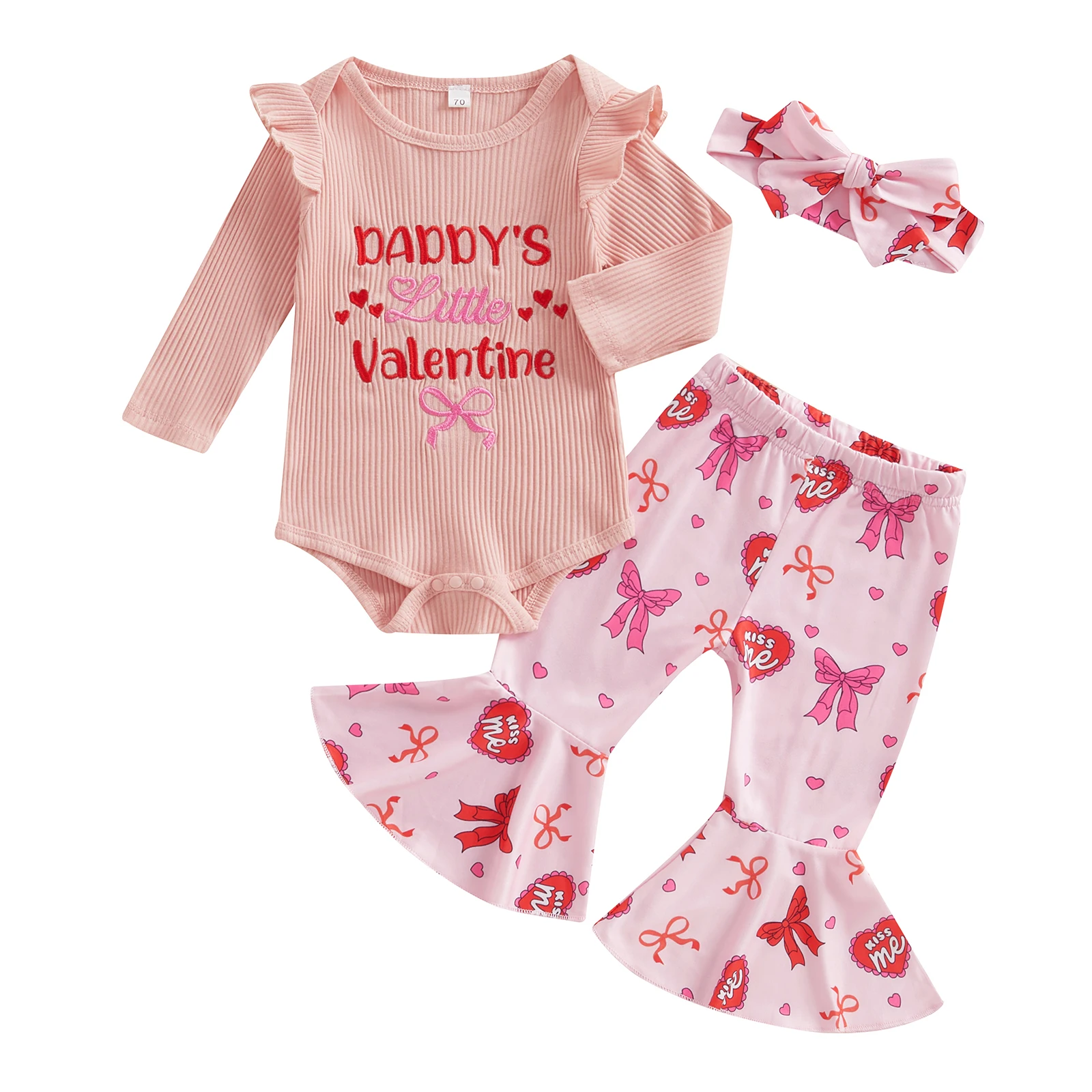 

Одежда для маленьких девочек на День святого Валентина Комбинезон с круглым вырезом и длинными рукавами с расклешенным низом и повязкой на голову с бантом, комплект из 3 предметов