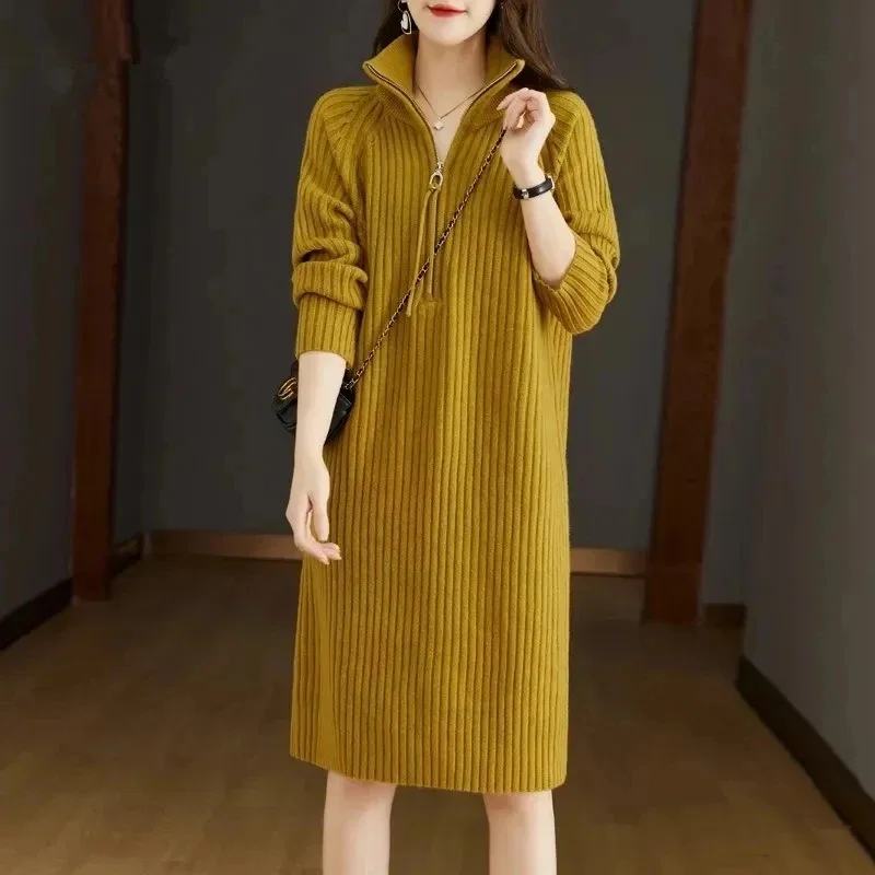 

High-Necked Zipper Knit Pullover Dress Ladies Fashion Long 2024 Autumn And Winter New Thick Loose Bottoming Sweater Women