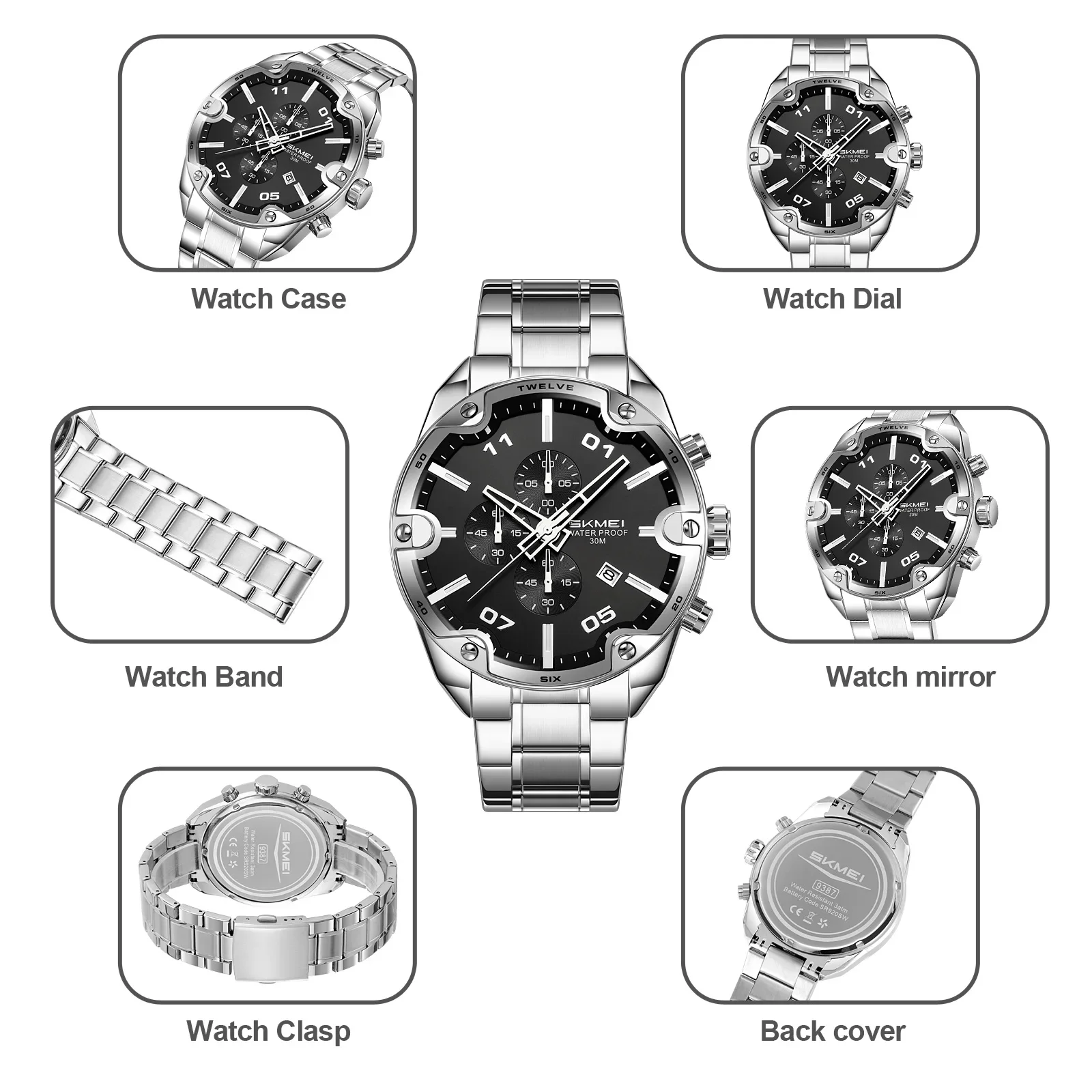 Skmei 9387 Quartz Watches Military Business Mens Steel Strap Big Dial Male Quartz Wristwatch Clock Stopwatch Relogio Masculino
