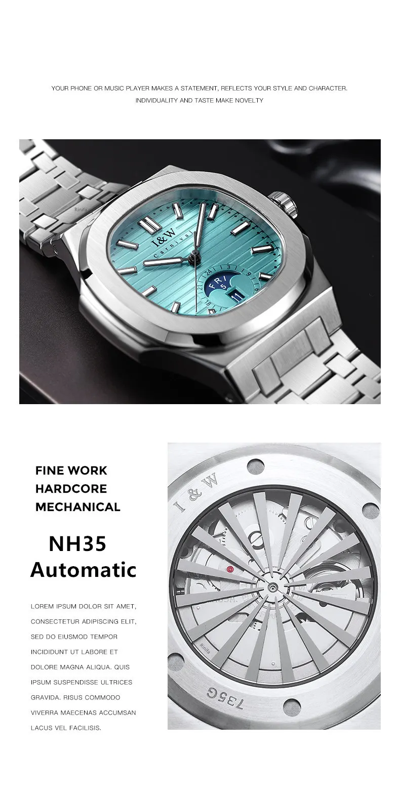 Luxury Brand Carnival Mechanical Watch for Men NH35 Automatic Luminous Waterproof Reloj Hombre Sapphire Watches Moonphase Window