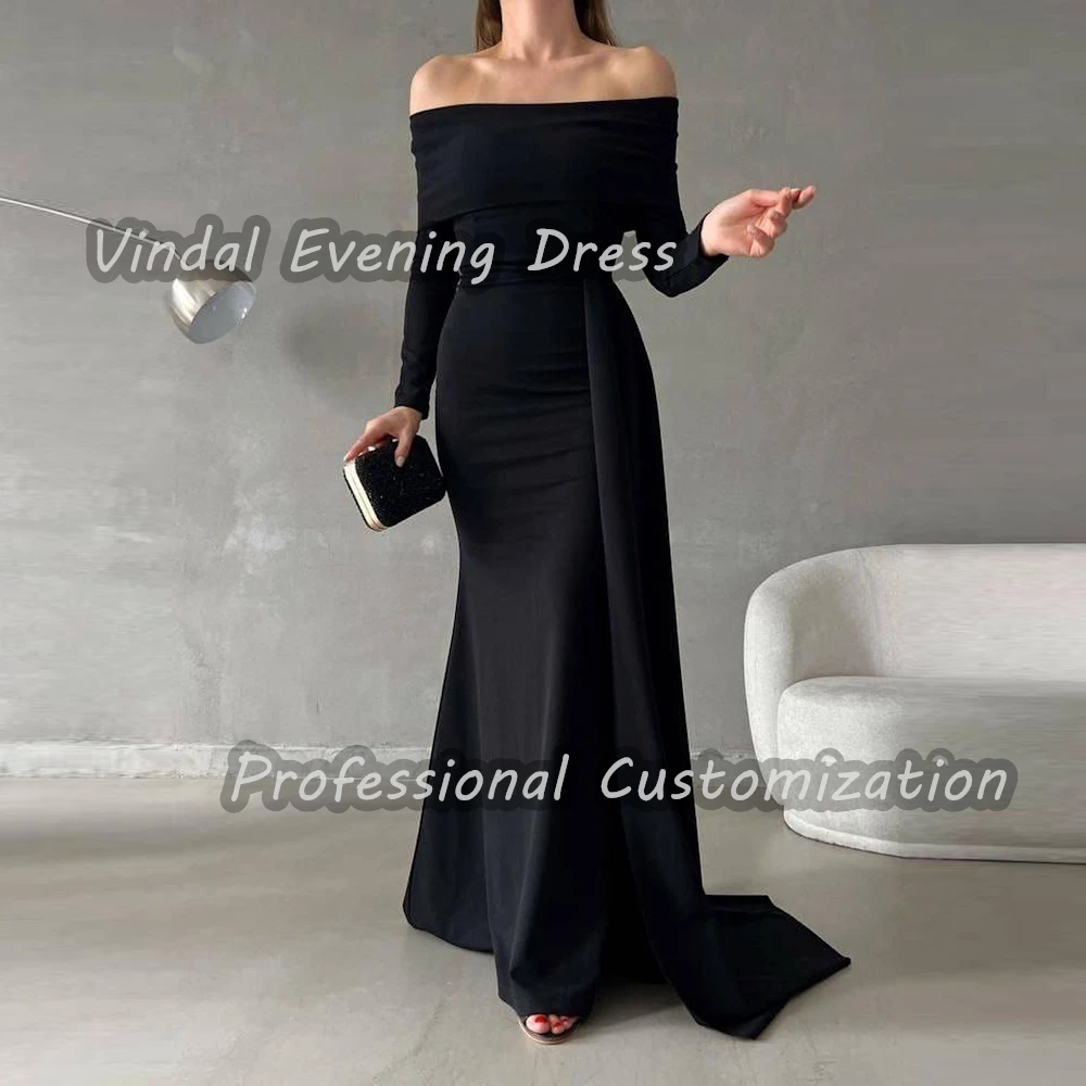 

Vindal Crepe Floor length Ruffle Off-the-shoulder luxurious Straight Breast Padding Elegant Long Sleeves السعود For Woman 2024