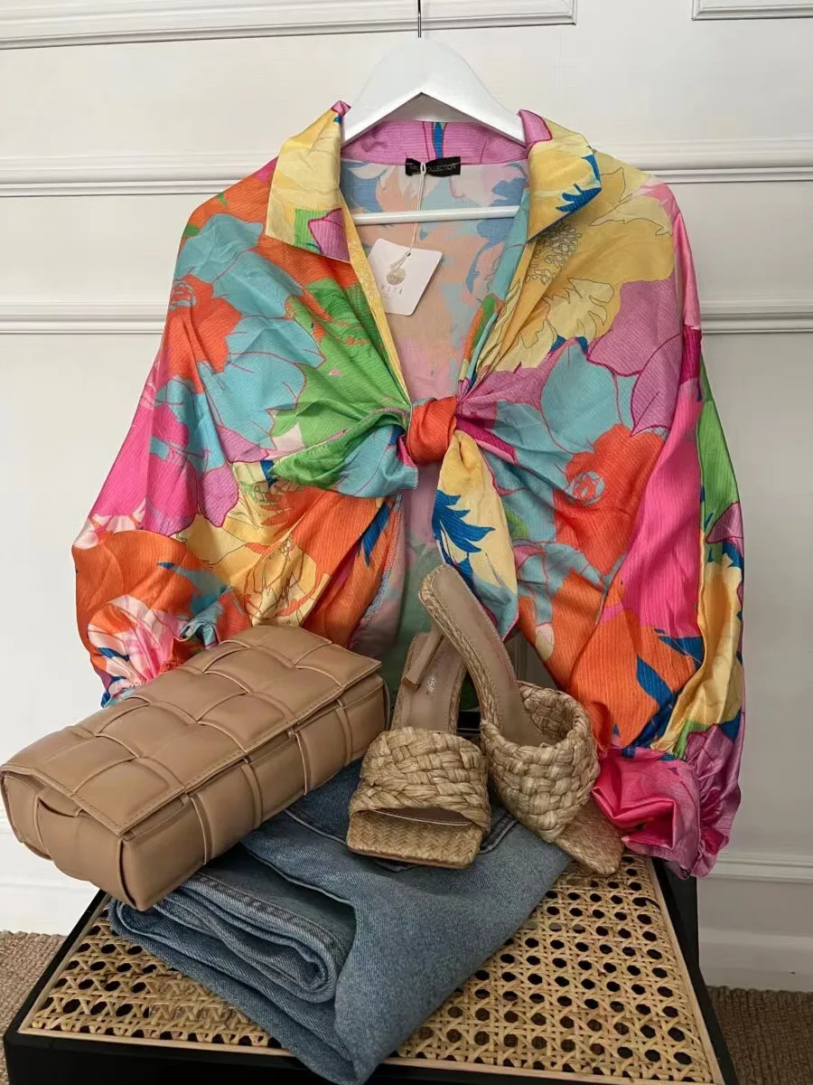 Faionable Printed Lantern Sve Women's irt Versatile Floral Design Commute Sle V-Ne Tie-Detail Loose Fit Polyester