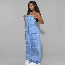 2024 Autumn Fashion Multi Pockets Strapless Cargo Denim Jumpsuits Trendy Off-shoulder Solid Color Jeans Female 1LS003
