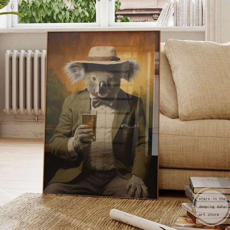 Lustiges Tier Katze Hund trinken Bier Kaninchen trinken Tee Kunst Poster Leinwand Malerei Wanddrucke Bild für Bar Zimmer Wohnkultur