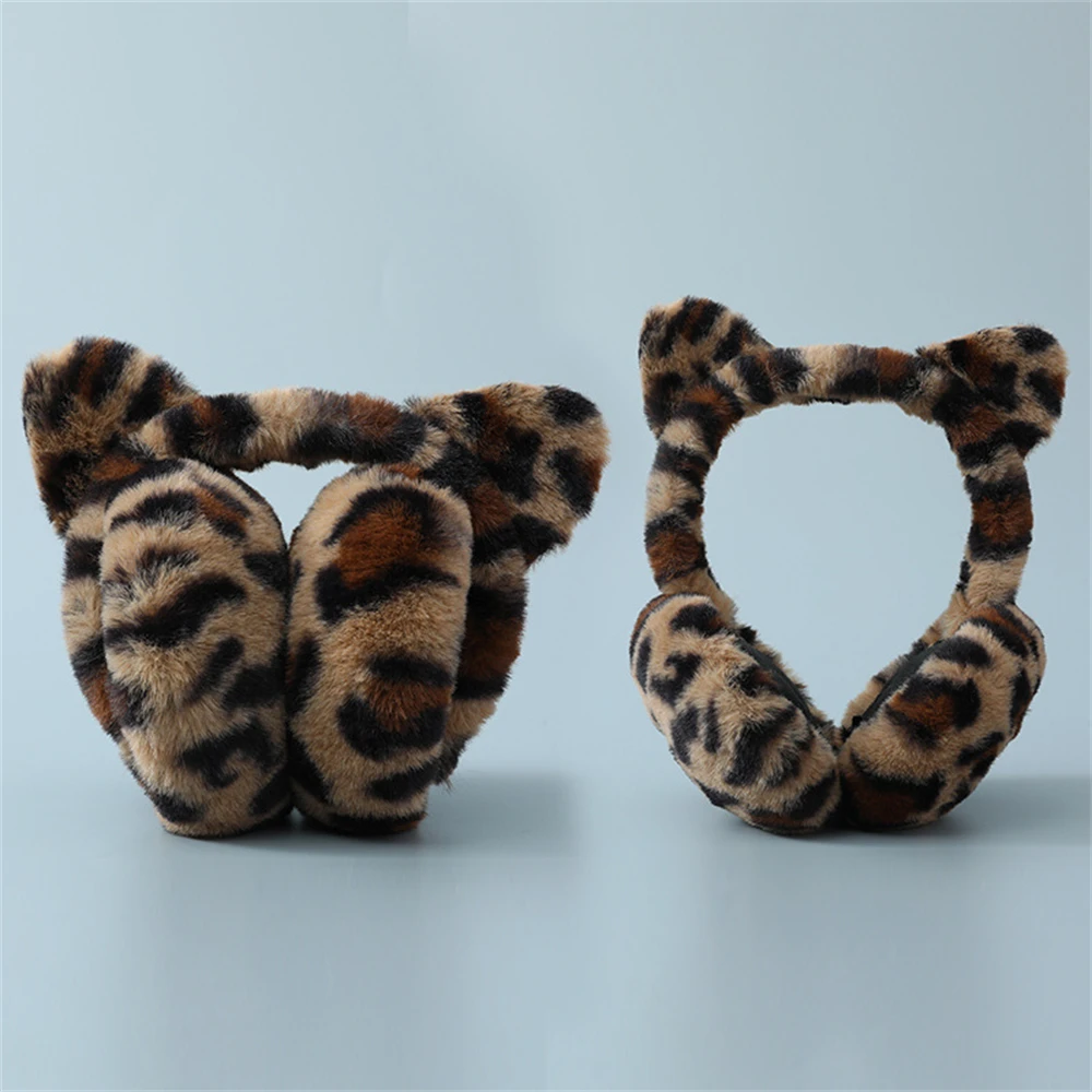 Leopard Foldable Leopard Print Earmuffs Winter Warm Thickened Ear Cover Women Windproof Frostproof Earlap Simple Plush Hairband