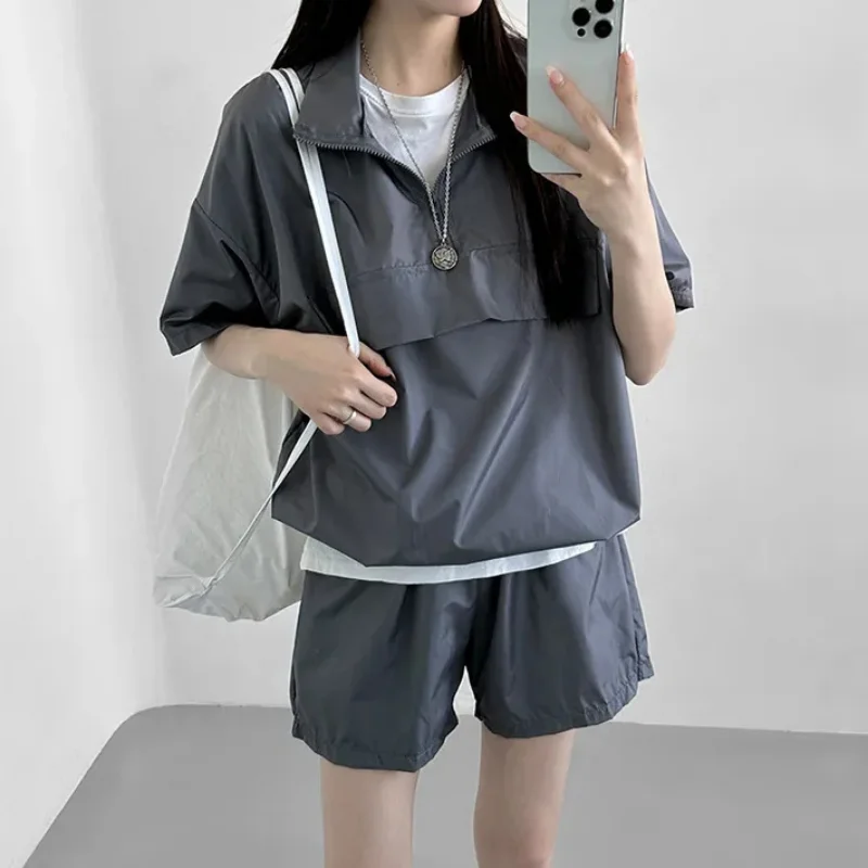 Women Sportswear Sets Female Elastic Waist Solid Color Short Sets2023 Summer Casual Half Sleeve Turn-down Collar Zipper Suits