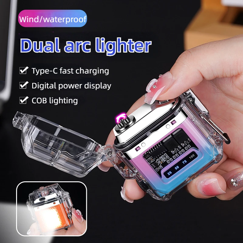 

2024 Latest Outdoor Waterproof Arc Lighter with Lighting, Transparent Shell Power Display Type-C Rechargeable Cigarette Lighter