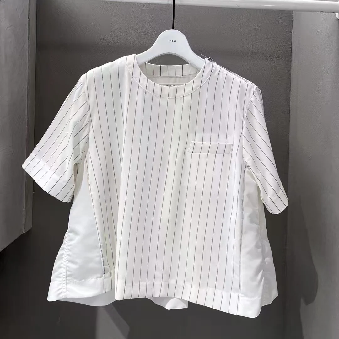 

Японский Sle 2023, весна-лето, новая клетчатая лоскутная повседневная хлопковая круглая футболка Ne, женские топы Faion