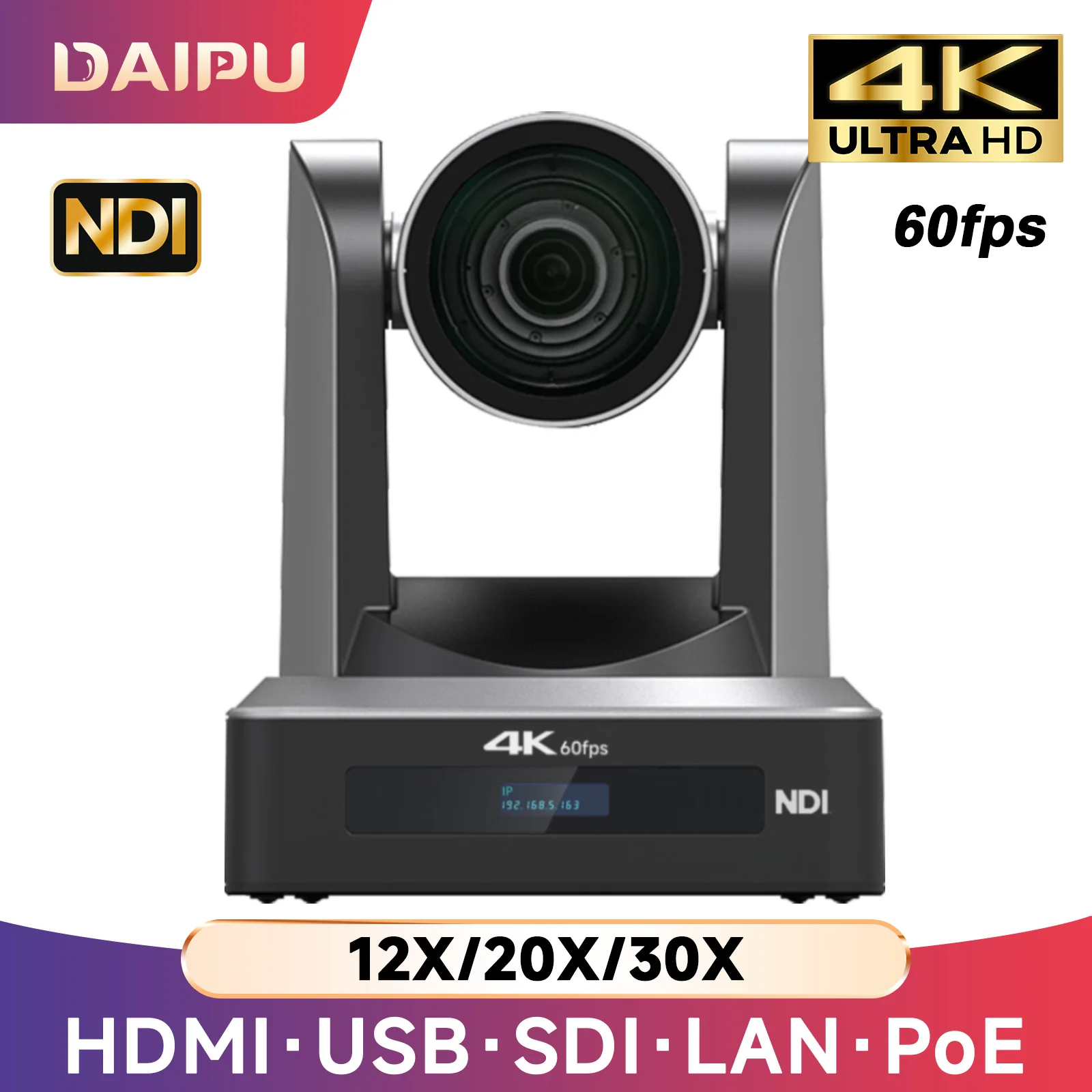 

DAIPU PTZ Camera NDI 4K@60fps, 30x/20x/12x Optical Zoom, HDMI, USB, SDI, LAN, PoE, AI Tracking, PTZ Camera for Church and Live Conferencing