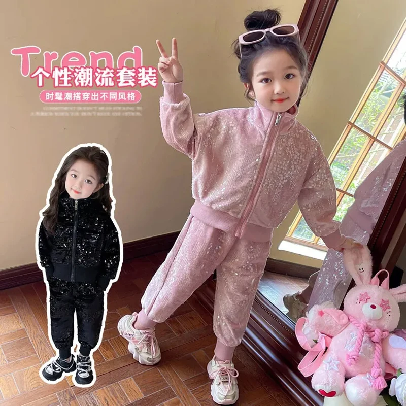 Baby Boys Girls Children Suits Spring Autumn Kids Fashion Cute Shiny zipper casual Coat Jacket Top +Pants 2Pcs Set Sportwear