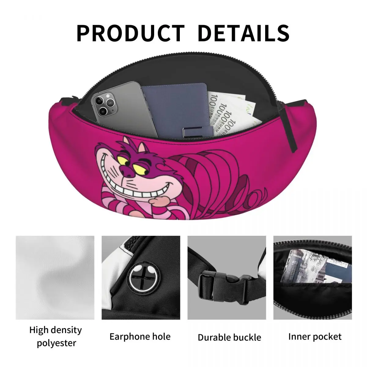 Personalizado cheshire gato fanny pacote das mulheres dos homens alice no país das maravilhas dos desenhos animados crossbody cintura saco para correr telefone bolsa de dinheiro