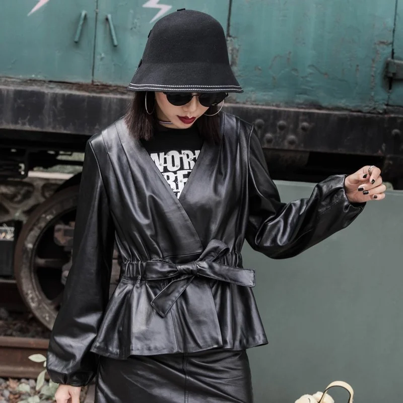 

Drawstring Slim Short Belt Real Leather Jacket Women Plus Size Casual Genuine Leather Lambskin Coat Female Long Sleeve Outwear